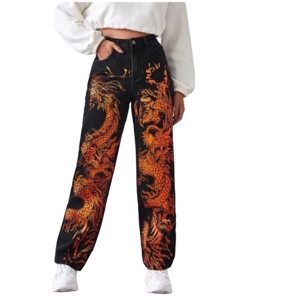 SHEIN Denim - Shein High Waisted Chinese Dragon Jeans